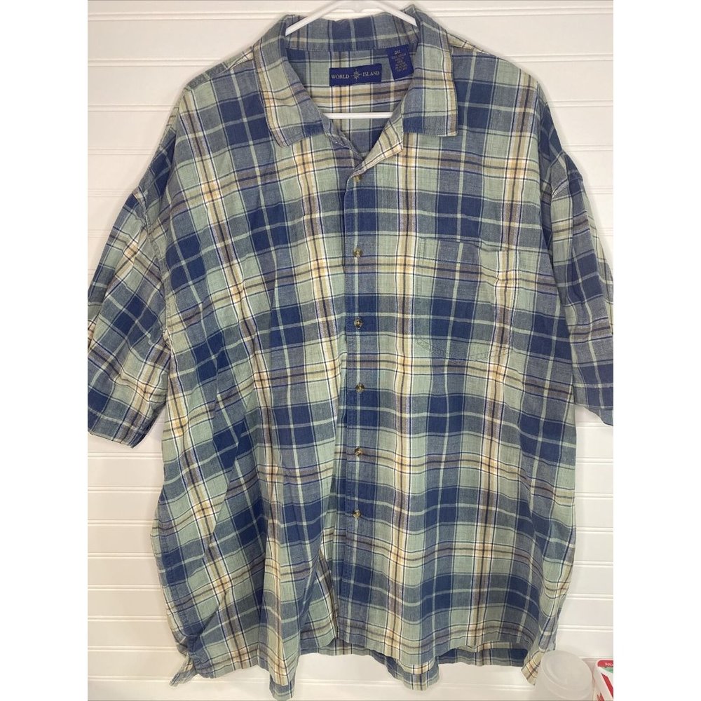men’s world Island 3XL plaid short sleeve polo style shirt